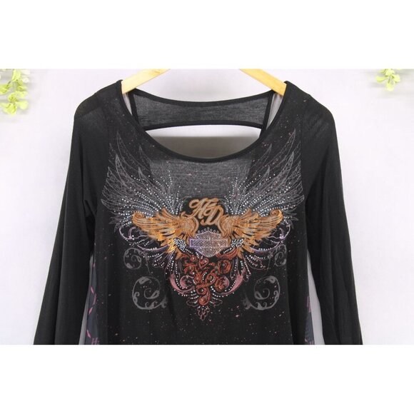 Harley-Davidson Women's Vinyl Wings Embellished Sheer Back Long Sleeve Top Sz S - Picture 4 of 10